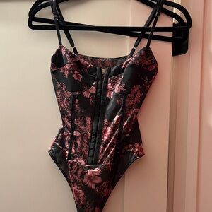 Free People Black and Pink Floral Bodysuit